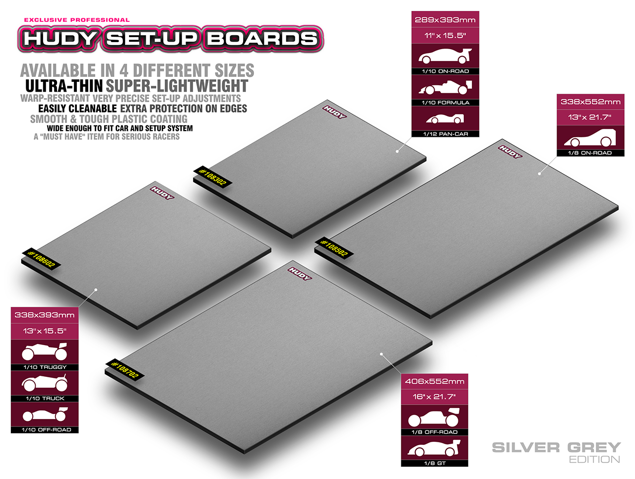 Flat Set-Up Board 1/10 & 1/12 On-Road - Lightweight- Silver Grey